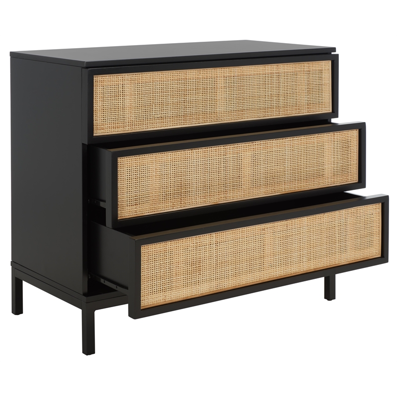Safavieh Zadie Wood and Metal 3 Drawer Rattan Chest in Black / Natural