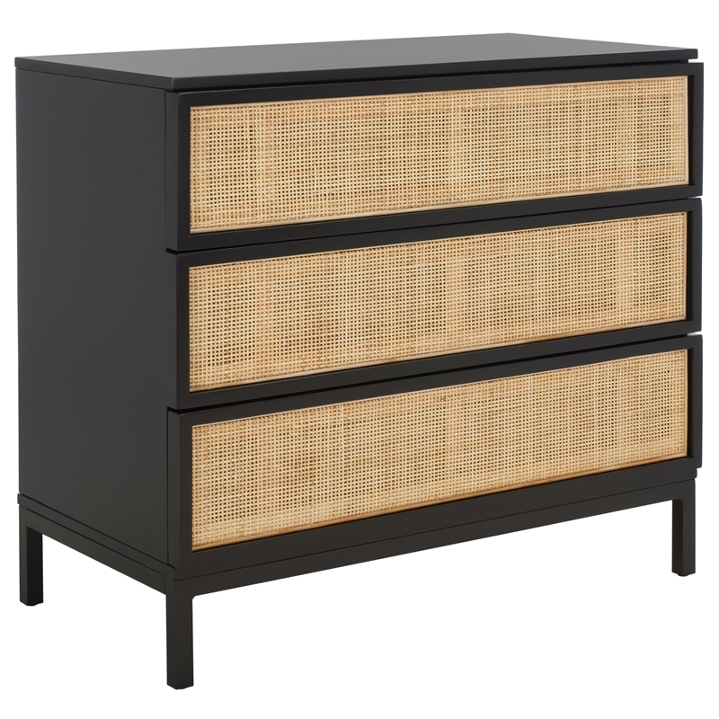 Safavieh Zadie Wood and Metal 3 Drawer Rattan Chest in Black / Natural