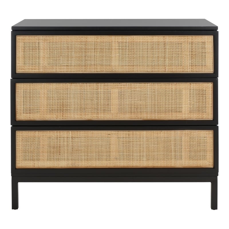 Safavieh Zadie Wood and Metal 3 Drawer Rattan Chest in Black / Natural