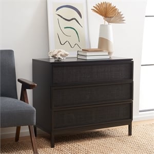 Safavieh Zadie Wood and Metal 3 Drawer Rattan Chest in Black
