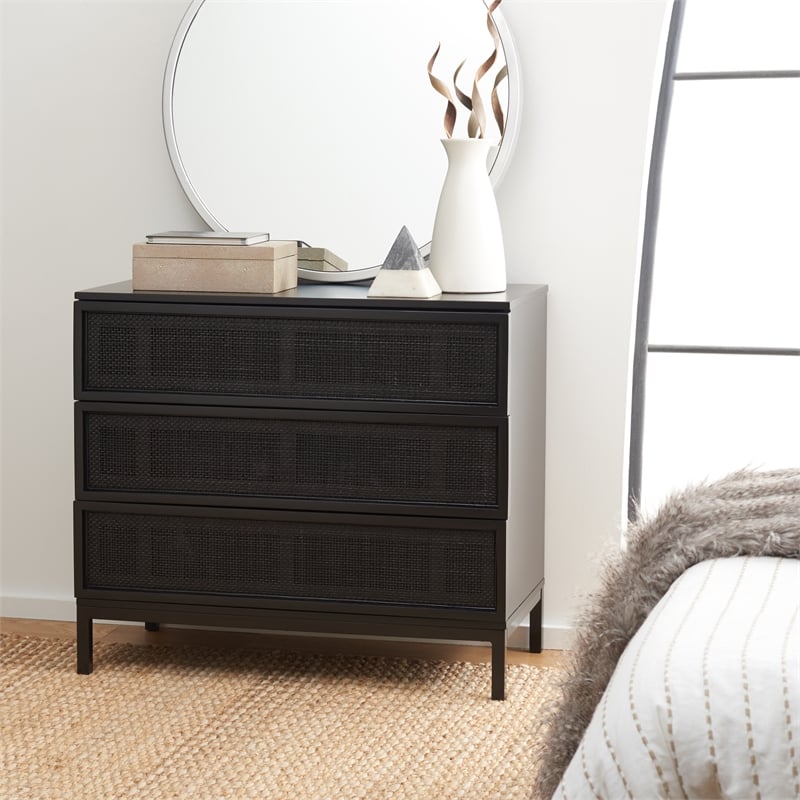 Safavieh Zadie Wood and Metal 3 Drawer Rattan Chest in Black
