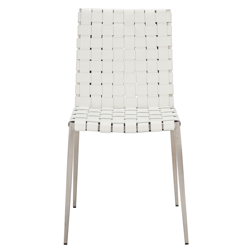 Safavieh Rayne Leather and Iron Woven Dining Chair in White / Silver