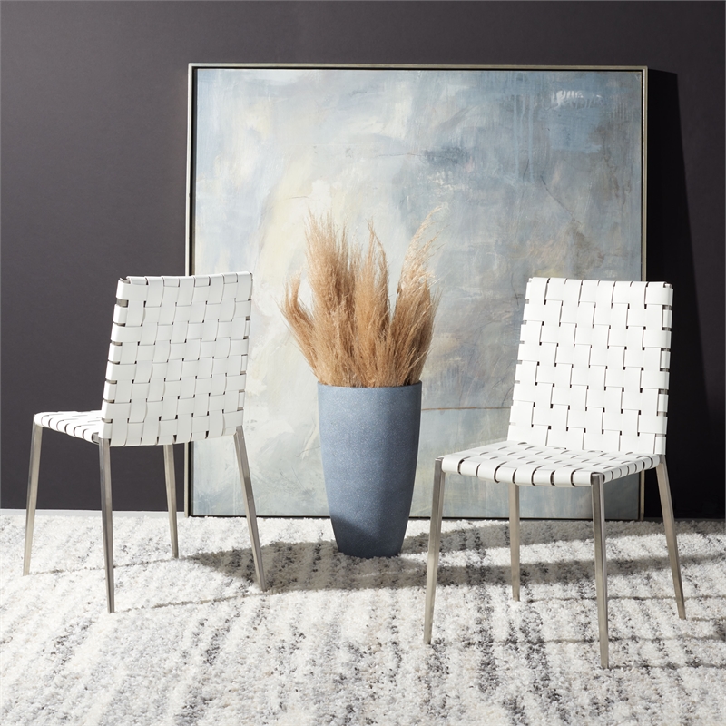 Safavieh Rayne Leather and Iron Woven Dining Chair in White / Silver