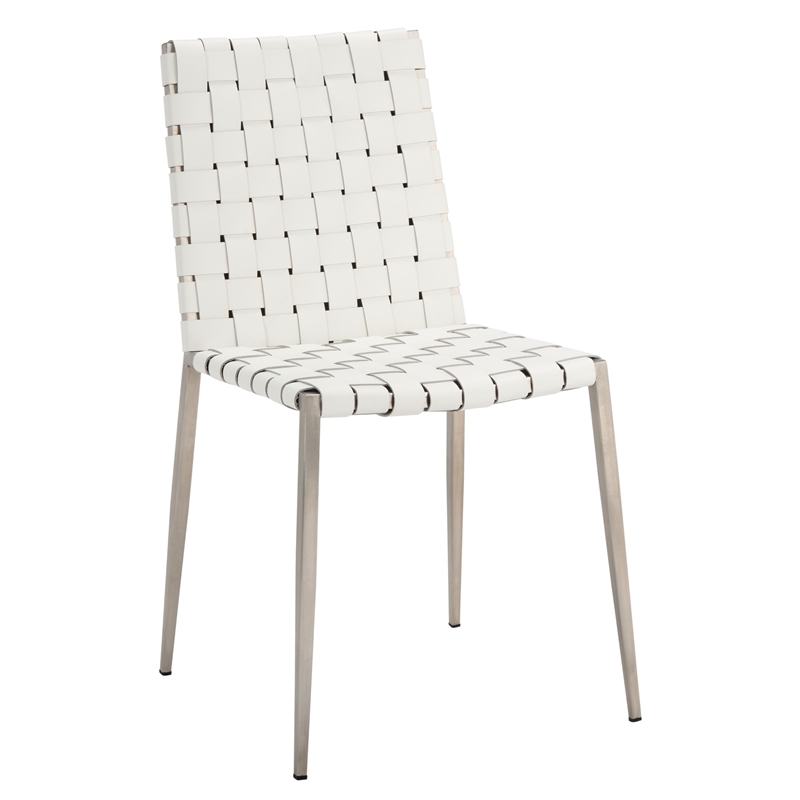 Safavieh Rayne Leather and Iron Woven Dining Chair in White / Silver