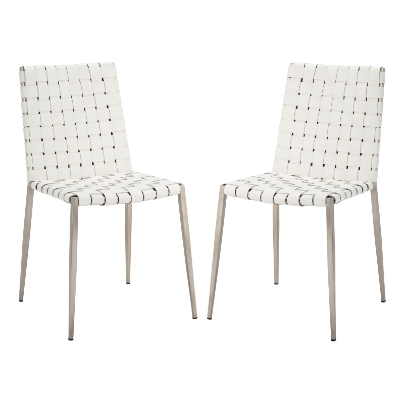 Safavieh Rayne Leather and Iron Woven Dining Chair in White / Silver