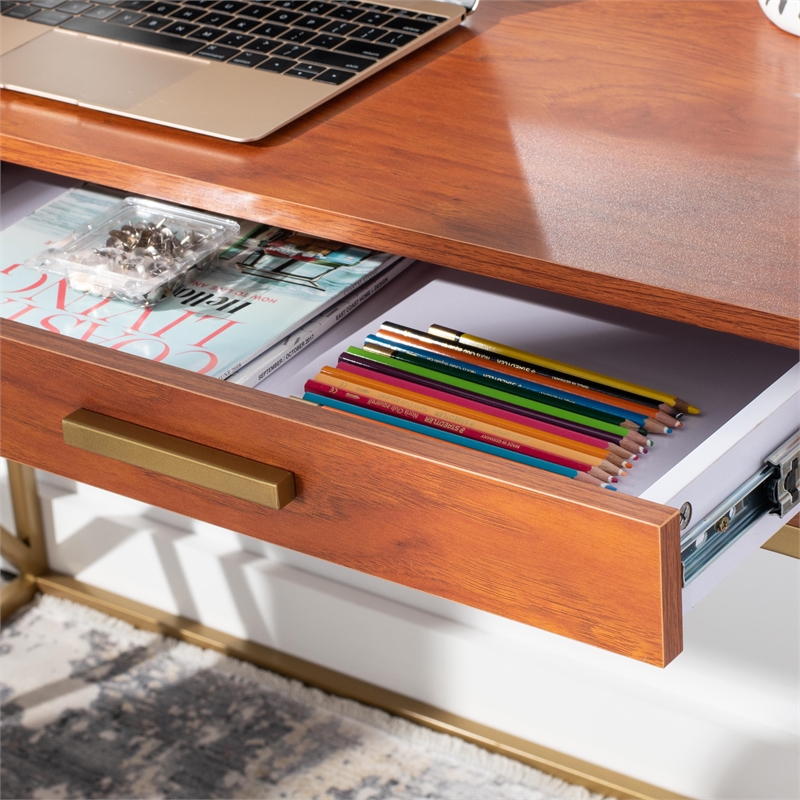 Safavieh Elaine Wood and Steel1 Drawer Desk in Natural / Gold
