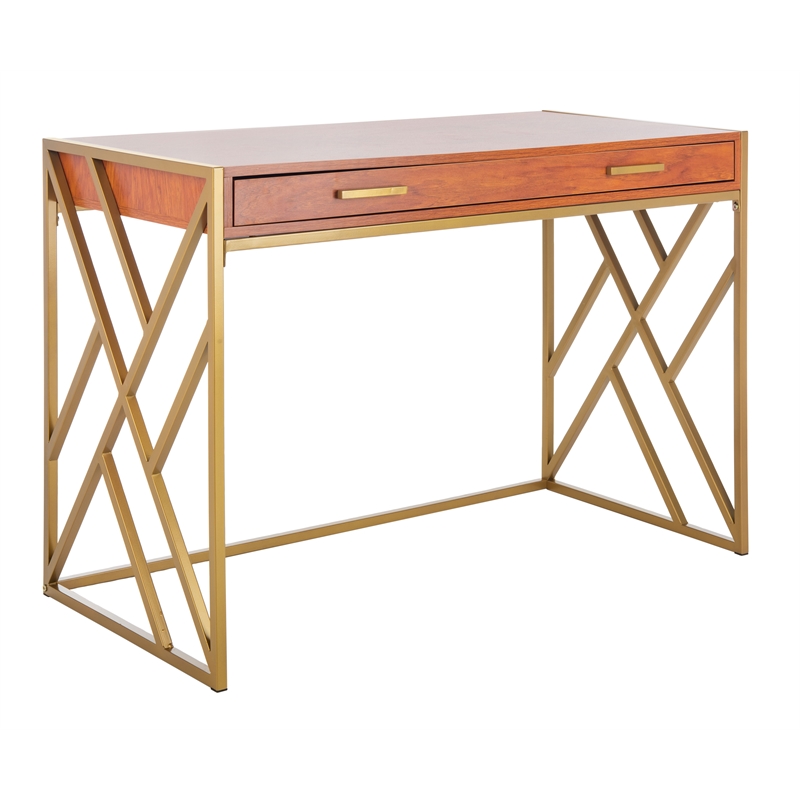 Safavieh Elaine Wood and Steel1 Drawer Desk in Natural / Gold