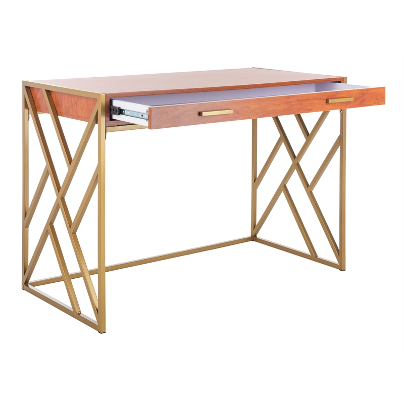 Safavieh Elaine Wood and Steel1 Drawer Desk in Natural / Gold