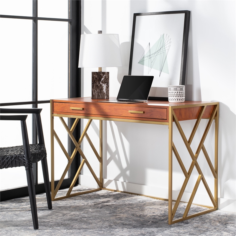 Safavieh Elaine Wood and Steel1 Drawer Desk in Natural / Gold