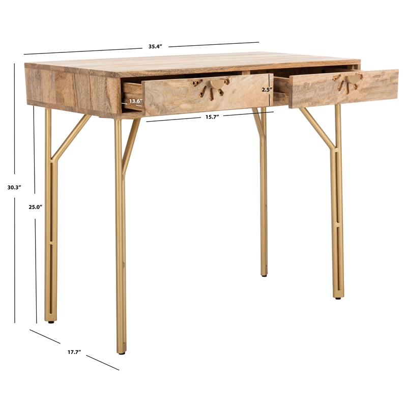 Safavieh Lily Wood and Metal 2 Drawer Desk in Natural / Brass