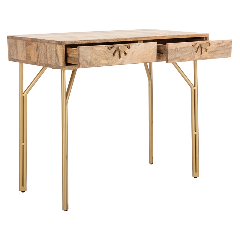 Safavieh Lily Wood and Metal 2 Drawer Desk in Natural / Brass