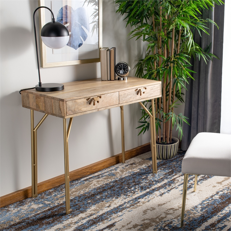 Safavieh Lily Wood and Metal 2 Drawer Desk in Natural / Brass
