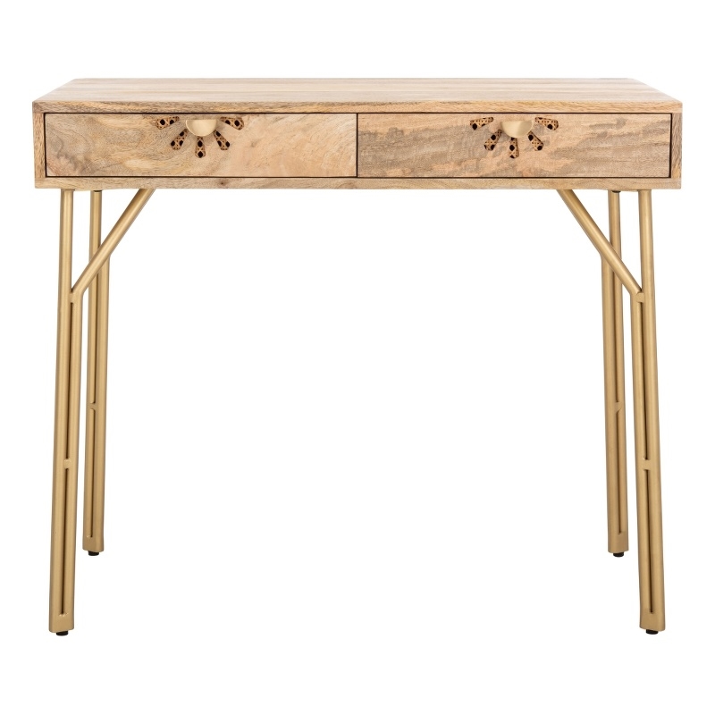 Safavieh Lily Wood and Metal 2 Drawer Desk in Natural / Brass