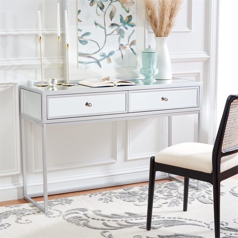 Safavieh Aster Wood and Iron 2 Drawer Mirrored Desk in Silver / Mirror