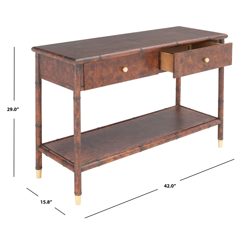Safavieh TudorWood and Metal 2  Drawer 1 Shelf Console Table in Brown / Gold