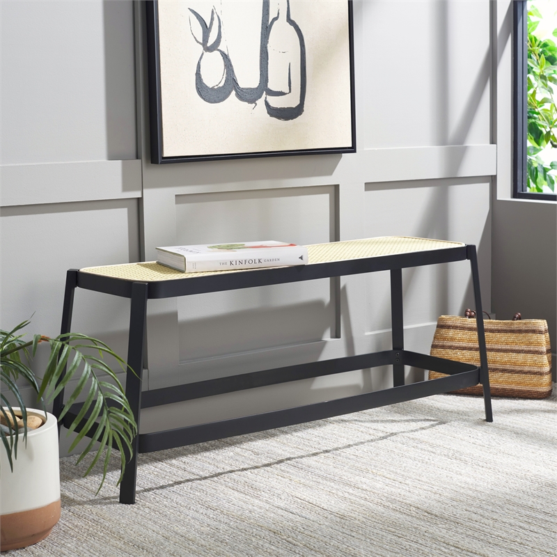Safavieh Jaguar Wood and Iron Cane Bench  in Black / Natural