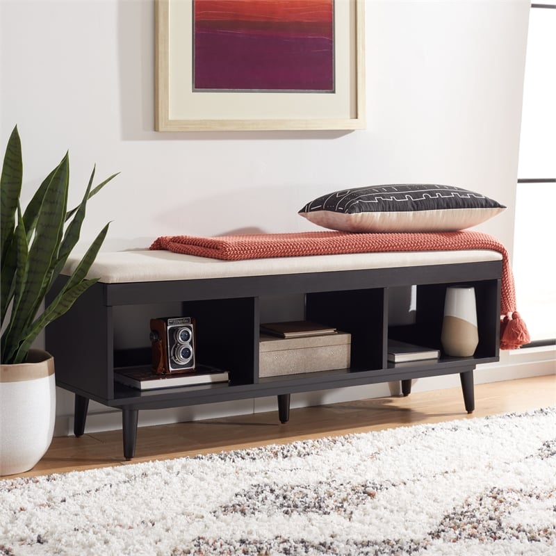 Safavieh Cricket Wood and Fabric Open Shelf Bench W/Cushion in Cream / Black