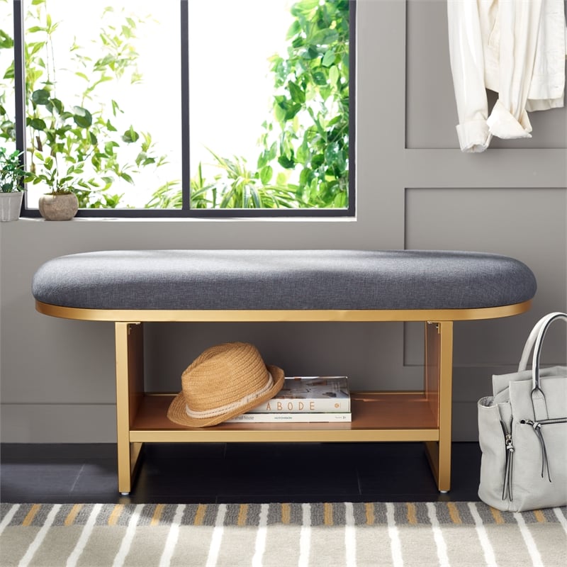 Safavieh Iona Wood and Metal Open Shelf Bench W/Cushion in Gray /Natural