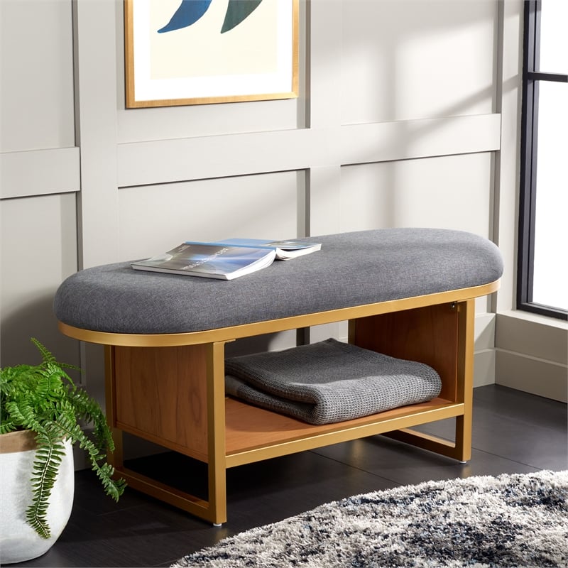 Safavieh Iona Wood and Metal Open Shelf Bench W/Cushion in Gray /Natural