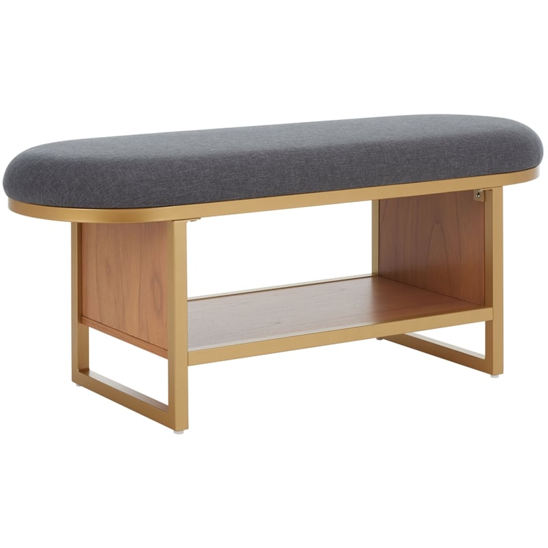 Safavieh Iona Wood and Metal Open Shelf Bench W/Cushion in Gray /Natural