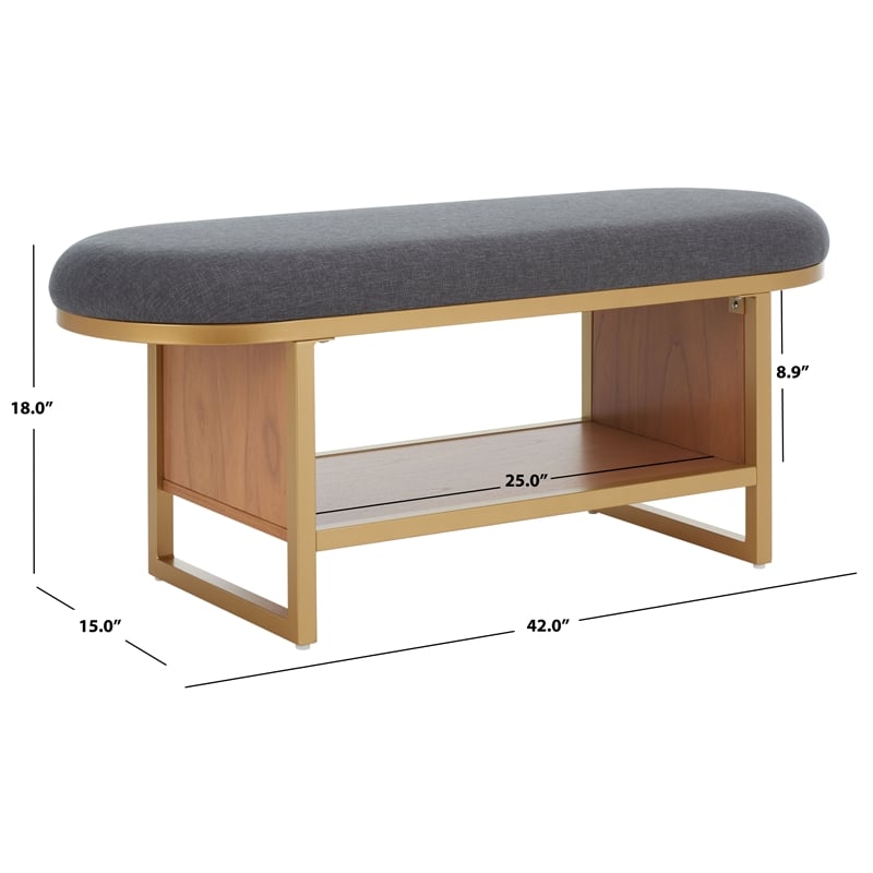 Safavieh Iona Wood and Metal Open Shelf Bench W/Cushion in Gray /Natural