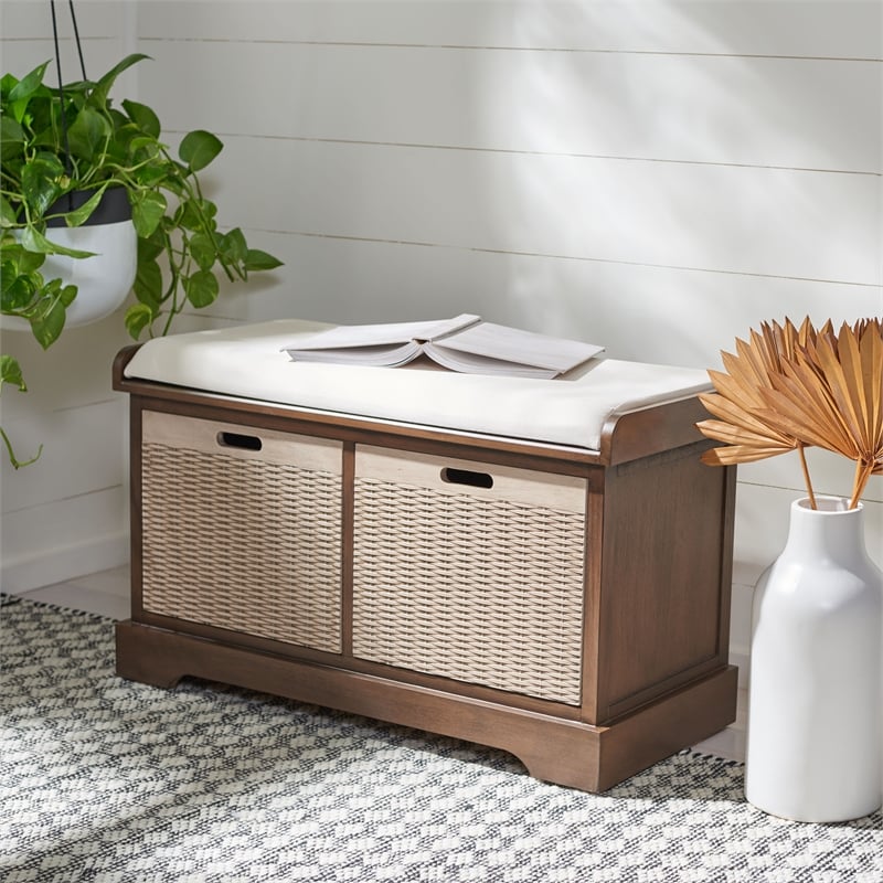 Safavieh Landers Wood 2 Drawer Cushion Bench in Brown