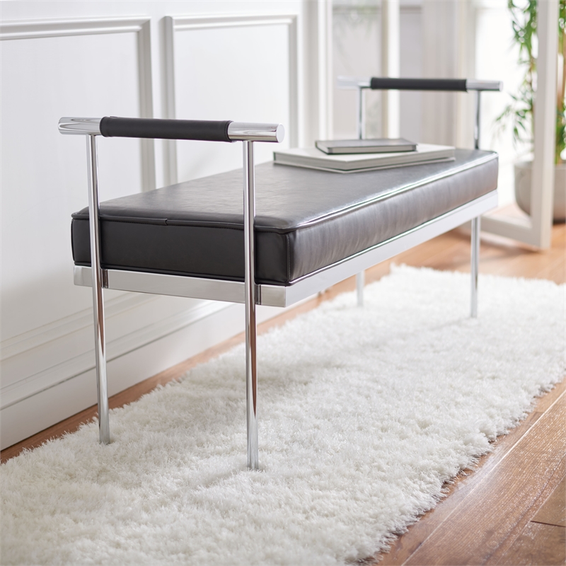 Safavieh Pim Iron and Fabric Long Rectangle Bench W/Arms in Black/Chrome
