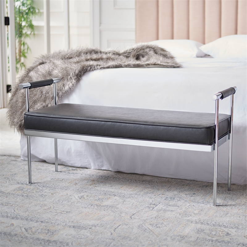 Safavieh Pim Iron and Fabric Long Rectangle Bench W/Arms in Black/Chrome