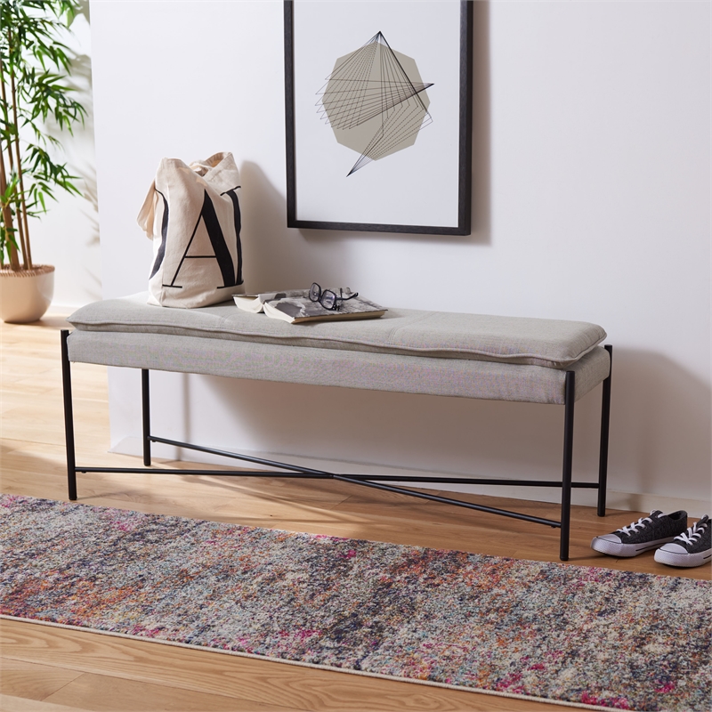Safavieh Kara Linen and Metal Cushioned X Bench in Light Gray / Black