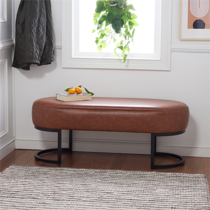 Safavieh Bellezza Leather and Iron Oval Bench in Brown / Black