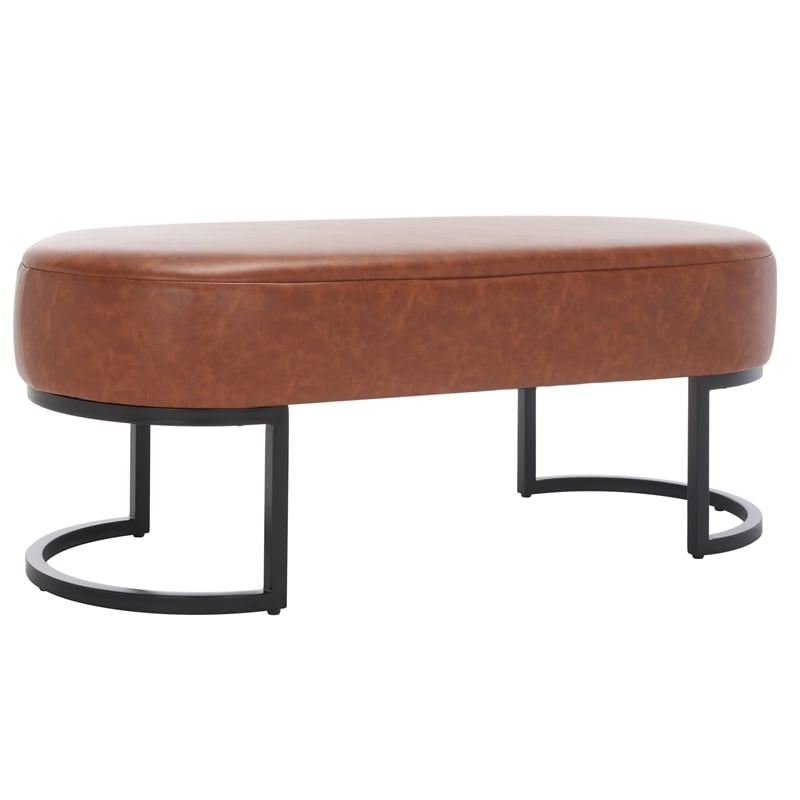 Safavieh Bellezza Leather and Iron Oval Bench in Brown / Black