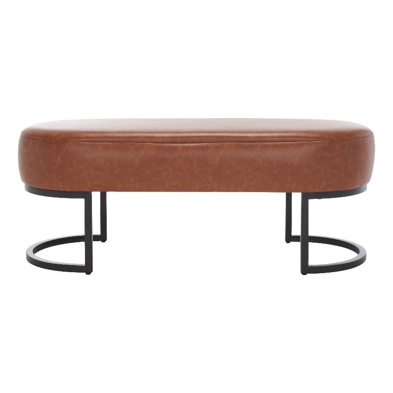 Safavieh Bellezza Leather and Iron Oval Bench in Brown / Black