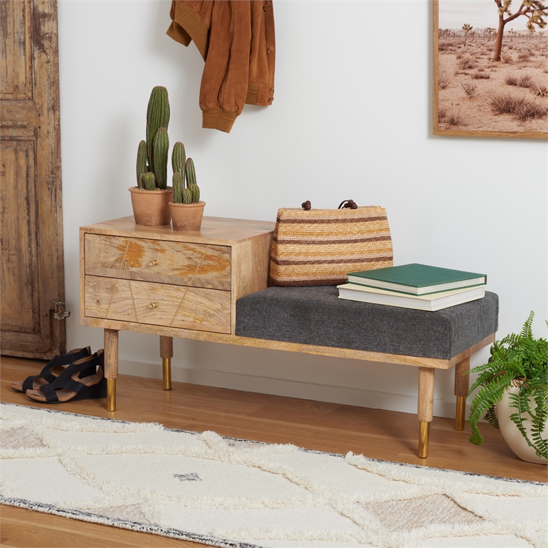 Safavieh Taft Wood and Fabric 2 Drawer Cushion Seated BenchinNatural/Gray