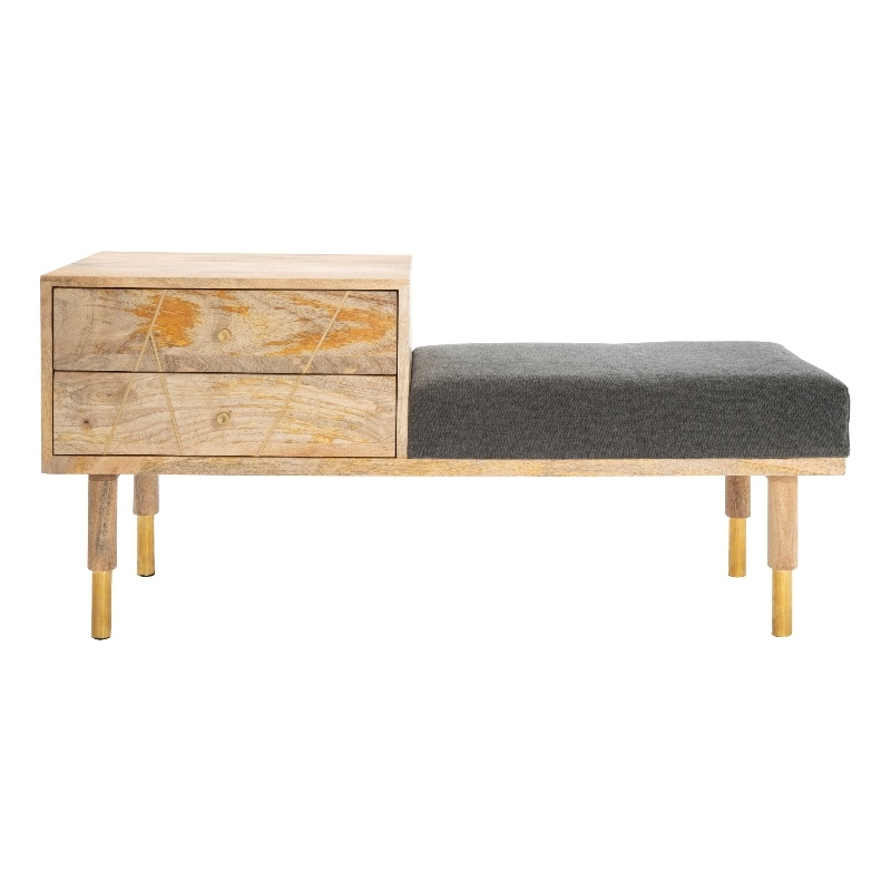 Safavieh Taft Wood and Fabric 2 Drawer Cushion Seated BenchinNatural/Gray