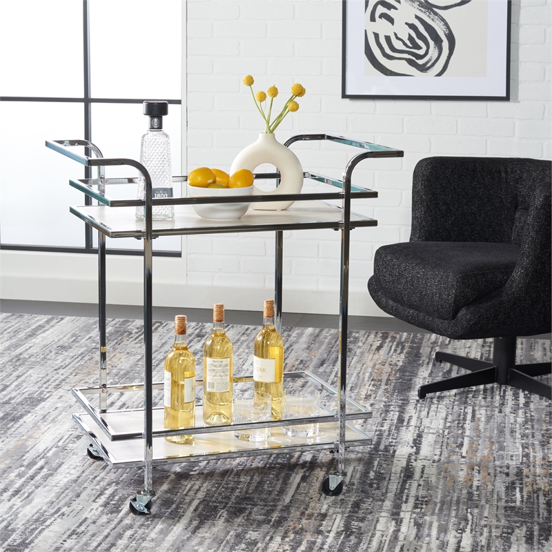 Safavieh Lameris Metal and Wood 2 Tier Bar Cart With Handles in Chrome / Gray