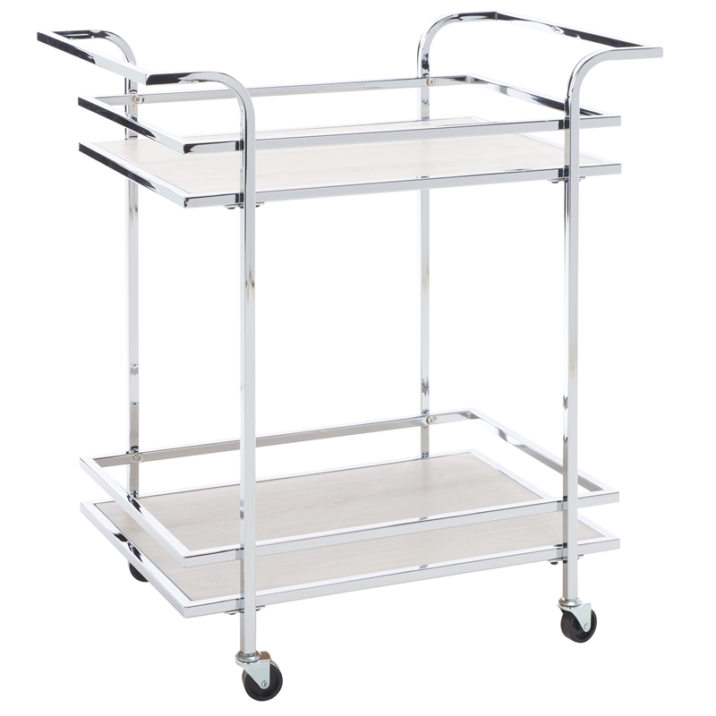 Safavieh Lameris Metal and Wood 2 Tier Bar Cart With Handles in Chrome / Gray