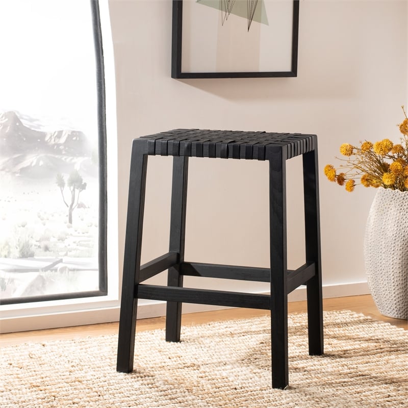 Safavieh Capri Wood and Leather Counter Stool in Black / Black