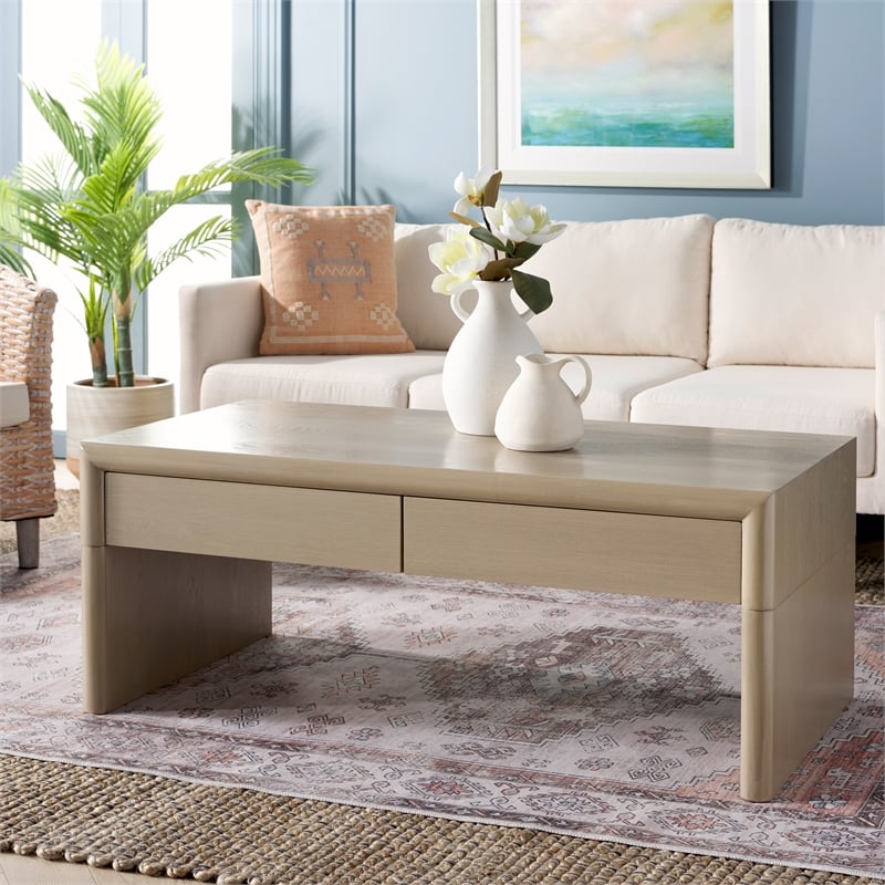 Safavieh Rune Pine Wood Coffee Table W/ Drawers in Gray / Beige