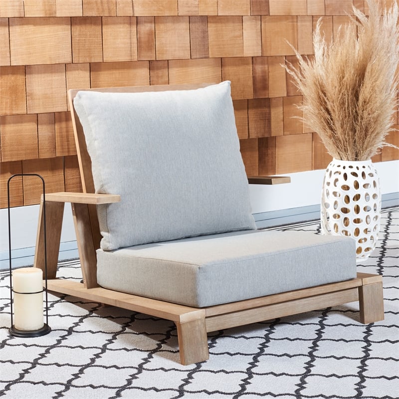 Safavieh Lanai Wood and Fabric  Patio Chair in Brown / Light Gray