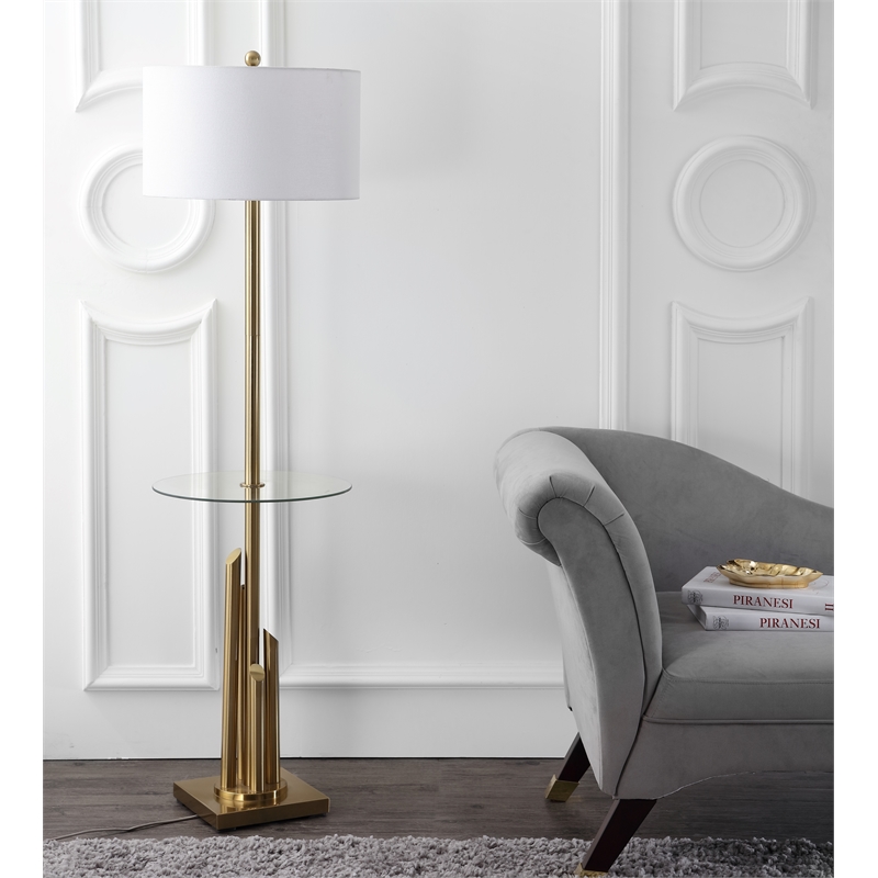 Safavieh Ambrosio Metal and Glass Floor Lamp Side Table in Brass