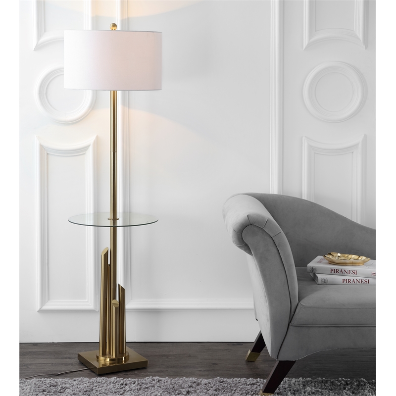 Safavieh Ambrosio Metal and Glass Floor Lamp Side Table in Brass