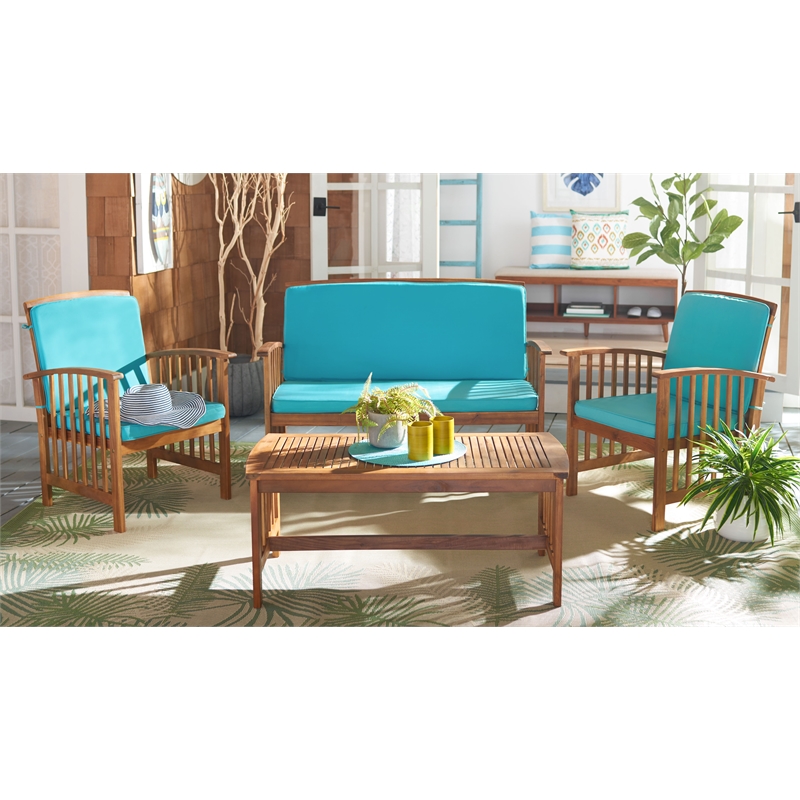 Safavieh Rocklin Wood  4 Pc Outdoor Set in Natural / Aqua