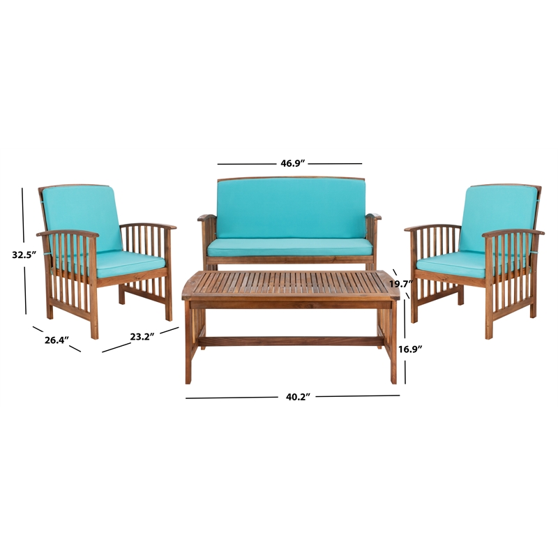 Safavieh Rocklin Wood  4 Pc Outdoor Set in Natural / Aqua