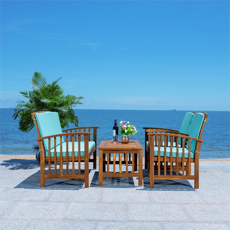 Safavieh Rocklin Wood  4 Pc Outdoor Set in Natural / Aqua