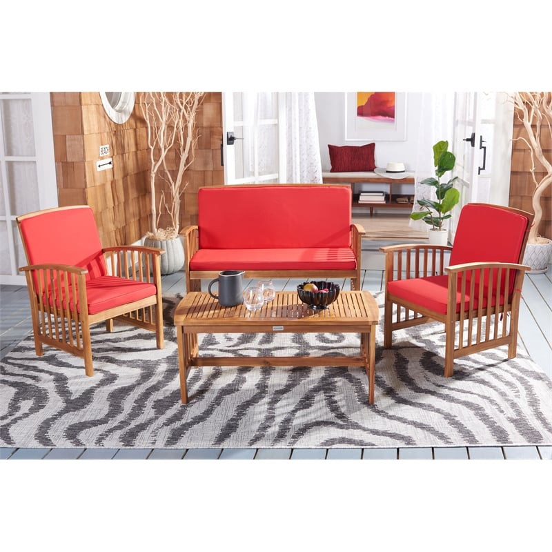Safavieh Rocklin Wood 4 Pc Outdoor Set  in Natural / Red