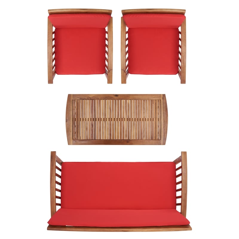 Safavieh Rocklin Wood 4 Pc Outdoor Set  in Natural / Red