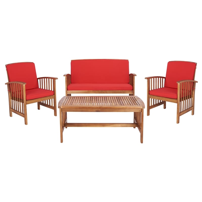 Safavieh Rocklin Wood 4 Pc Outdoor Set  in Natural / Red