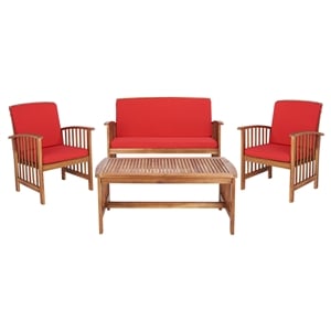 Safavieh Rocklin Wood 4 Pc Outdoor Set  in Natural / Red