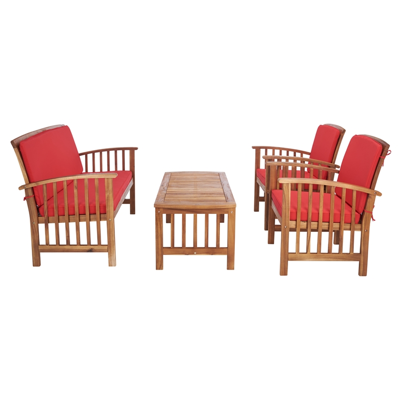 Safavieh Rocklin Wood 4 Pc Outdoor Set  in Natural / Red