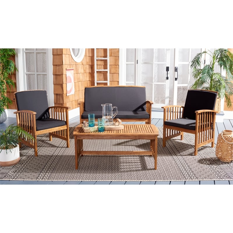 Safavieh Rocklin Wood 4 Pc Outdoor Set in Natural / Black